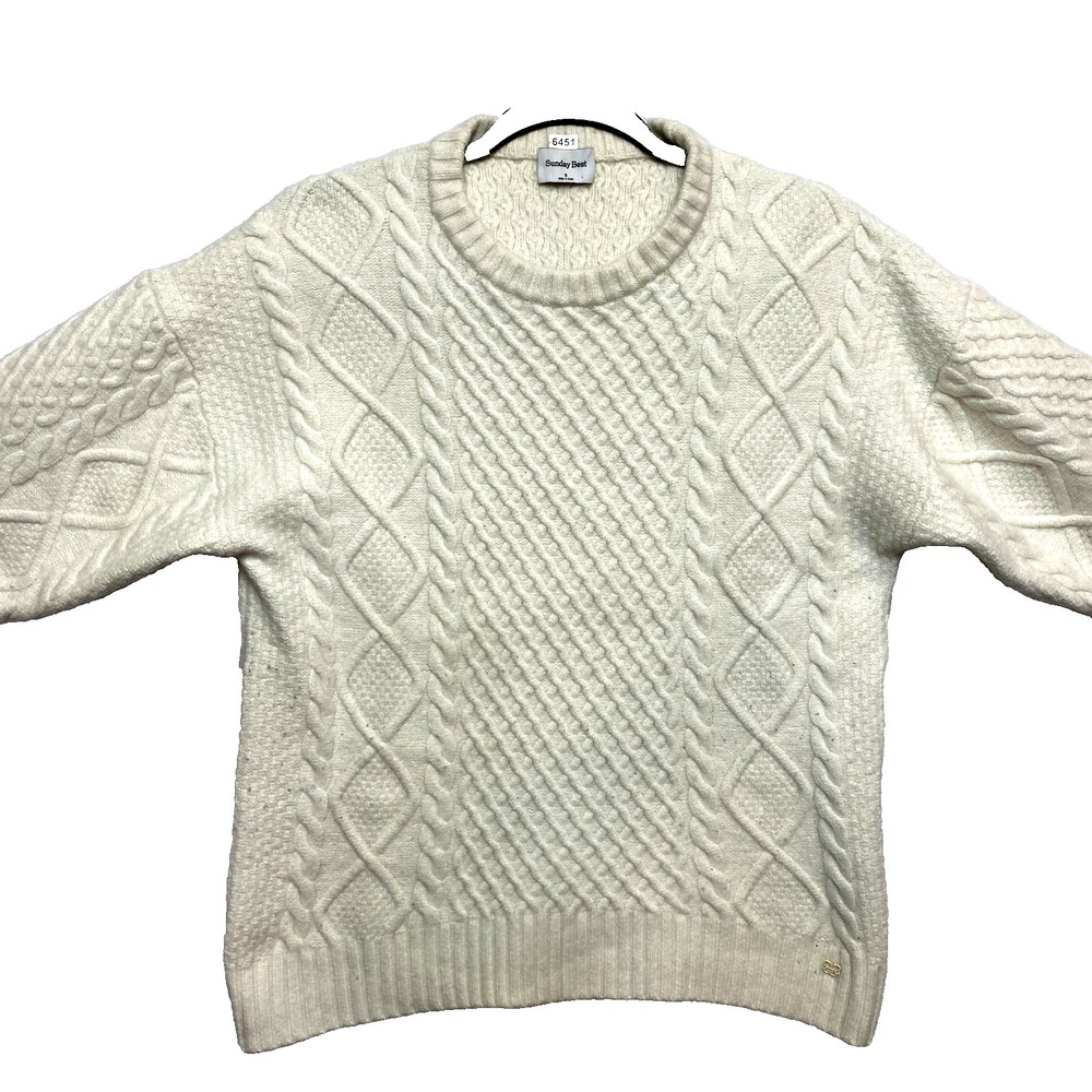 Sunday Best Sweater Womens S Ivory Cable Knit Crewneck Fisherman Pullover